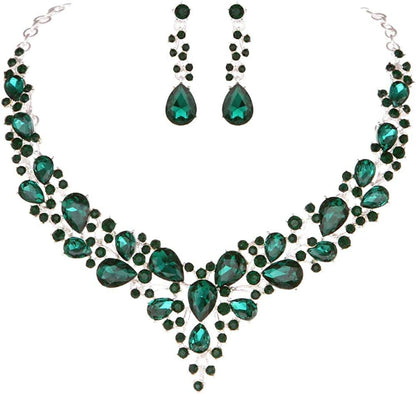 Bridal Austrian Crystal Necklace and Earrings Jewelry Set Gifts Fit with Wedding Dress 04-Green