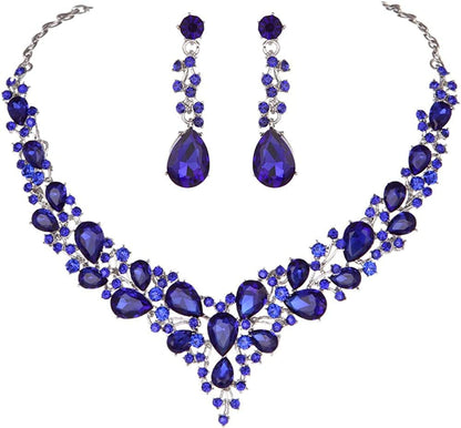 Bridal Austrian Crystal Necklace and Earrings Jewelry Set Gifts Fit with Wedding Dress Blue