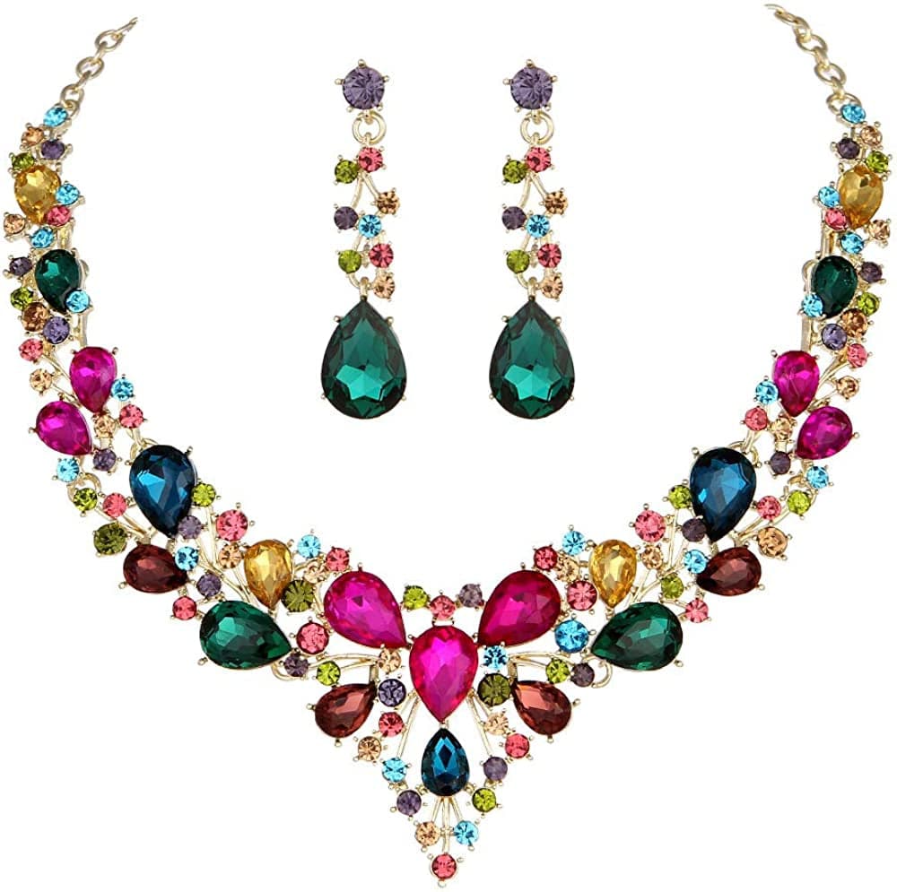 Bridal Austrian Crystal Necklace and Earrings Jewelry Set Gifts Fit with Wedding Dress Multicolour