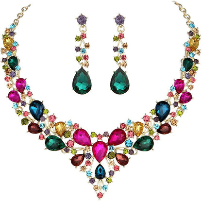 Bridal Austrian Crystal Necklace and Earrings Jewelry Set Gifts Fit with Wedding Dress Multicolour