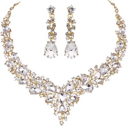 Bridal Austrian Crystal Necklace and Earrings Jewelry Set Gifts Fit with Wedding Dress Clear-Gold Tone