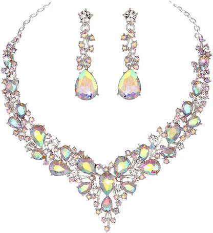 Bridal Austrian Crystal Necklace and Earrings Jewelry Set Gifts Fit with Wedding Dress Crystal AB