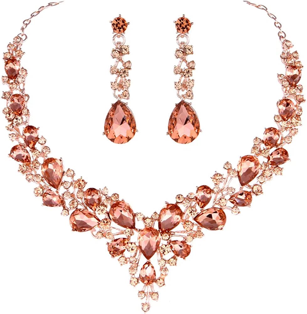 Bridal Austrian Crystal Necklace and Earrings Jewelry Set Gifts Fit with Wedding Dress 05-Peach-Rose gold tone