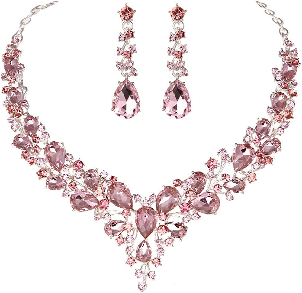 Bridal Austrian Crystal Necklace and Earrings Jewelry Set Gifts Fit with Wedding Dress Light Pink