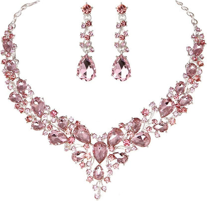 Bridal Austrian Crystal Necklace and Earrings Jewelry Set Gifts Fit with Wedding Dress Light Pink