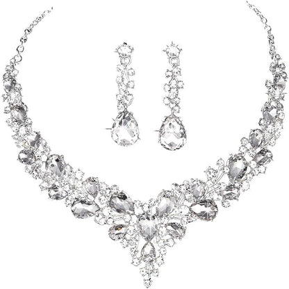 Bridal Austrian Crystal Necklace and Earrings Jewelry Set Gifts Fit with Wedding Dress 07-Clear-Silver Tone