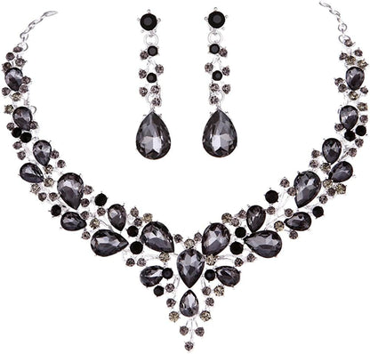 Bridal Austrian Crystal Necklace and Earrings Jewelry Set Gifts Fit with Wedding Dress 06-Grey Black