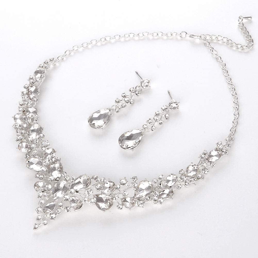 Bridal Austrian Crystal Necklace and Earrings Jewelry Set Gifts Fit with Wedding Dress