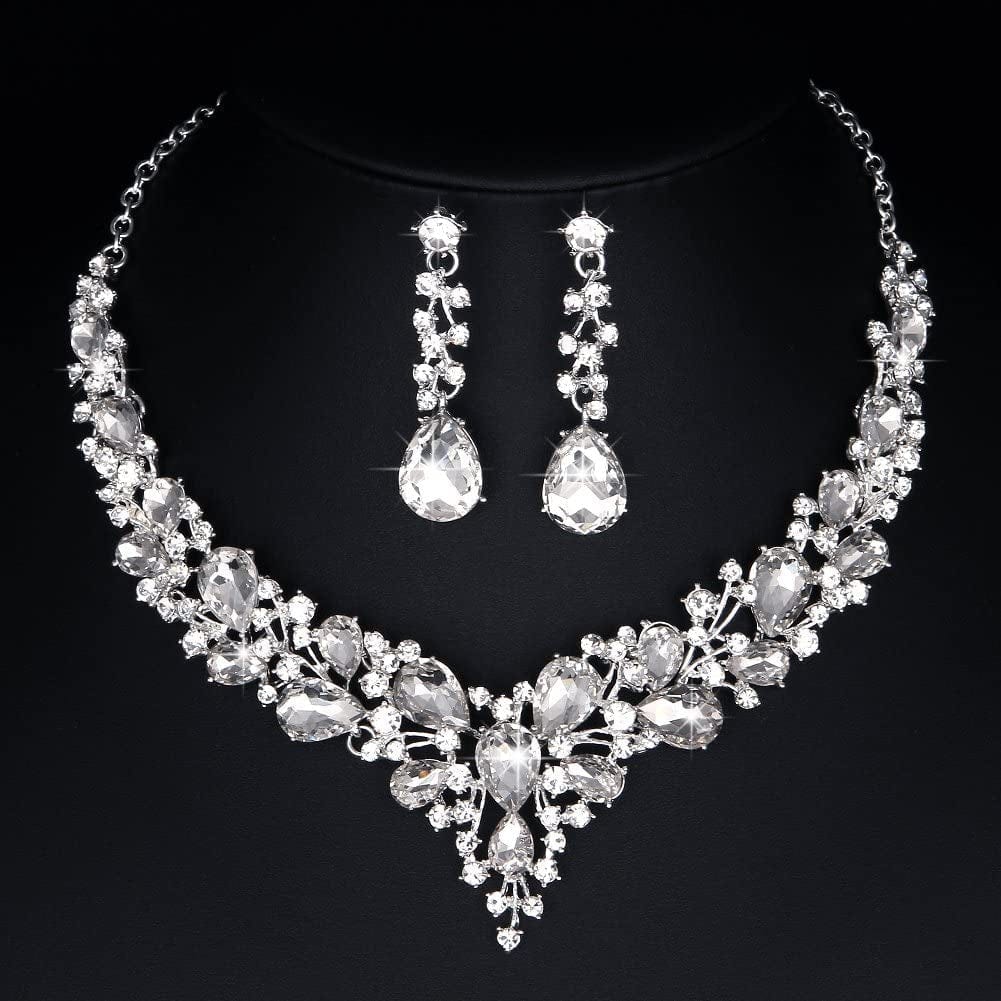 Bridal Austrian Crystal Necklace and Earrings Jewelry Set Gifts Fit with Wedding Dress
