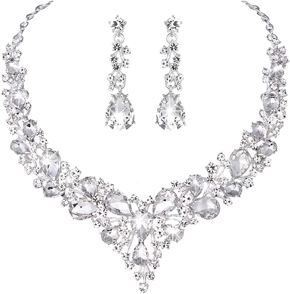 Bridal Austrian Crystal Necklace and Earrings Jewelry Set Gifts Fit with Wedding Dress 01-Clear