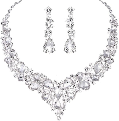 Bridal Austrian Crystal Necklace and Earrings Jewelry Set Gifts Fit with Wedding Dress 01-Clear