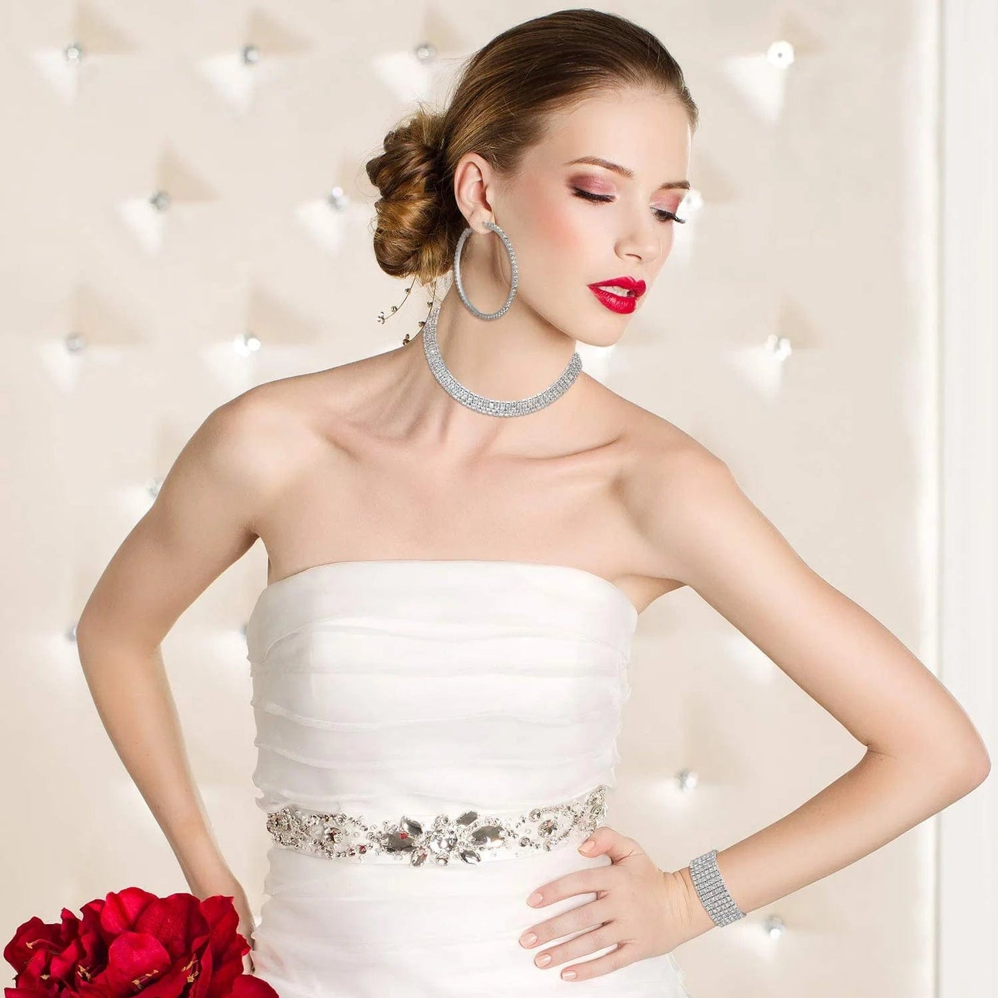 Bridal Crystal Rhinestone Jewelry Set Necklace Bracelet Hoop Earrings for Wedding Party