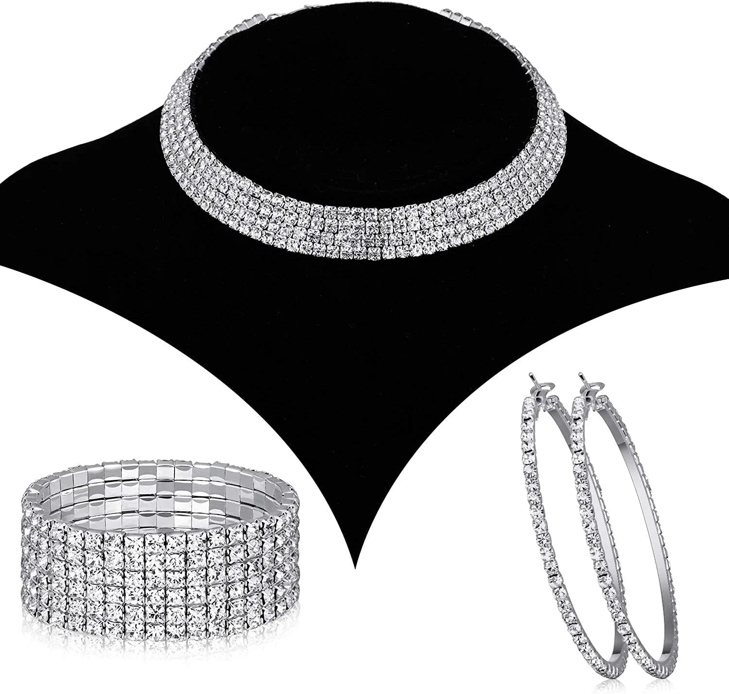 Bridal Crystal Rhinestone Jewelry Set Necklace Bracelet Hoop Earrings for Wedding Party
