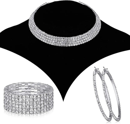 Bridal Crystal Rhinestone Jewelry Set Necklace Bracelet Hoop Earrings for Wedding Party