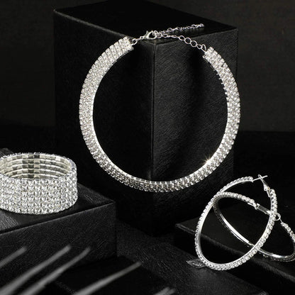 Bridal Crystal Rhinestone Jewelry Set Necklace Bracelet Hoop Earrings for Wedding Party