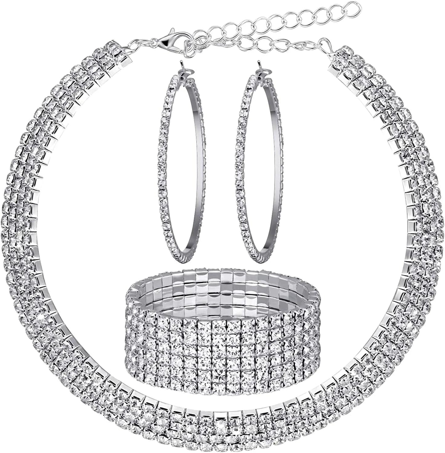 Bridal Crystal Rhinestone Jewelry Set Necklace Bracelet Hoop Earrings for Wedding Party