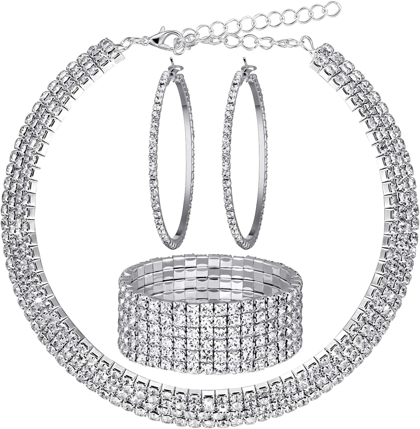 Bridal Crystal Rhinestone Jewelry Set Necklace Bracelet Hoop Earrings for Wedding Party