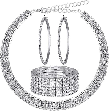 Bridal Crystal Rhinestone Jewelry Set Necklace Bracelet Hoop Earrings for Wedding Party