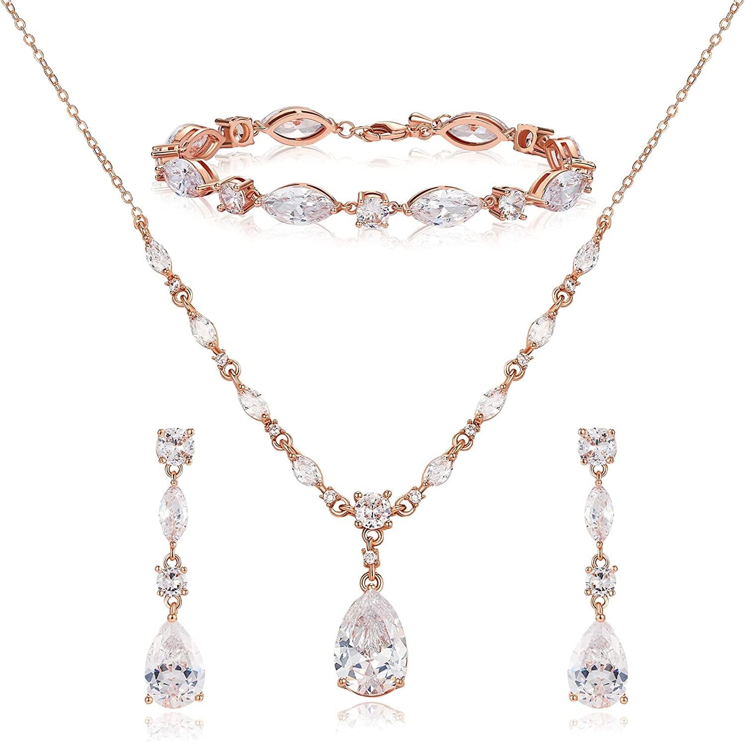Bridal Jewelry Set for Wedding, Cubic Zirconia Necklace Dangle Drop Earrings Bracelet Set, Teardrop Marquise Brides Bridesmaids Wedding Prom Anniversary Jewelry Gifts for Women 02.Rose Gold