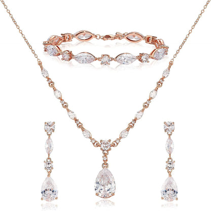Bridal Jewelry Set for Wedding, Cubic Zirconia Necklace Dangle Drop Earrings Bracelet Set, Teardrop Marquise Brides Bridesmaids Wedding Prom Anniversary Jewelry Gifts for Women 02.Rose Gold