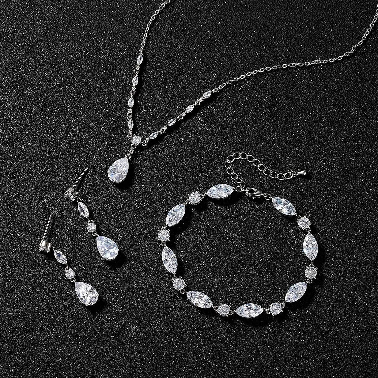 Bridal Jewelry Set for Wedding, Cubic Zirconia Necklace Dangle Drop Earrings Bracelet Set, Teardrop Marquise Brides Bridesmaids Wedding Prom Anniversary Jewelry Gifts for Women
