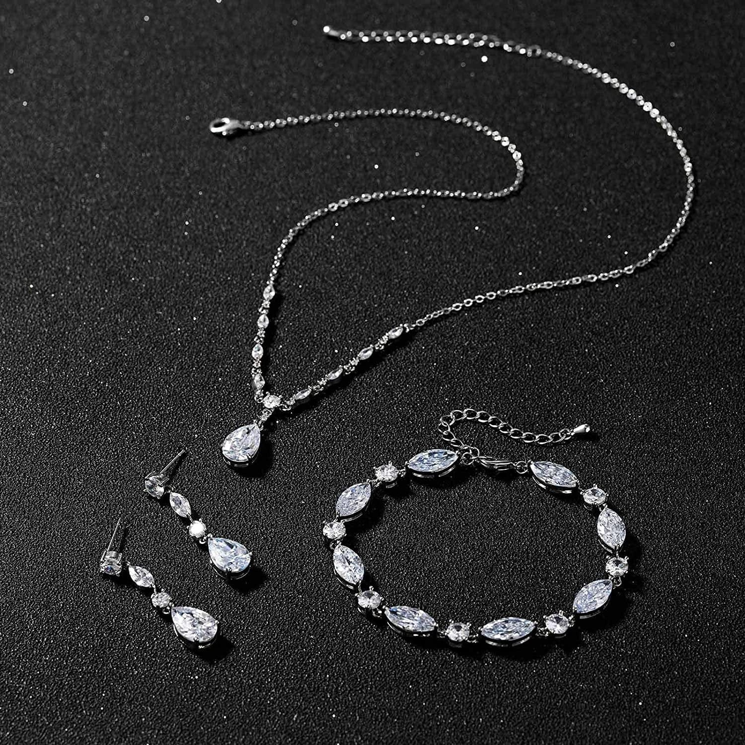 Bridal Jewelry Set for Wedding, Cubic Zirconia Necklace Dangle Drop Earrings Bracelet Set, Teardrop Marquise Brides Bridesmaids Wedding Prom Anniversary Jewelry Gifts for Women