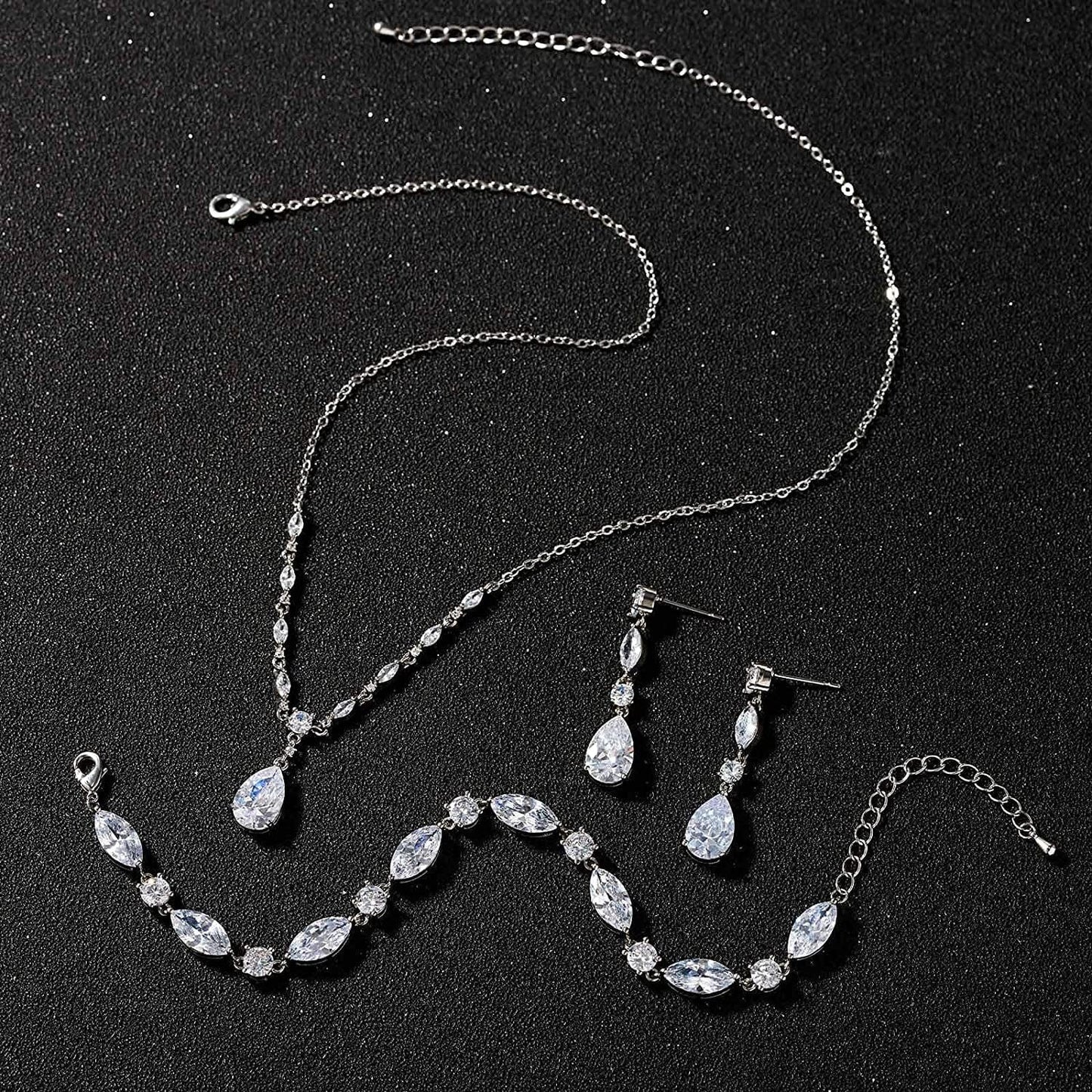Bridal Jewelry Set for Wedding, Cubic Zirconia Necklace Dangle Drop Earrings Bracelet Set, Teardrop Marquise Brides Bridesmaids Wedding Prom Anniversary Jewelry Gifts for Women