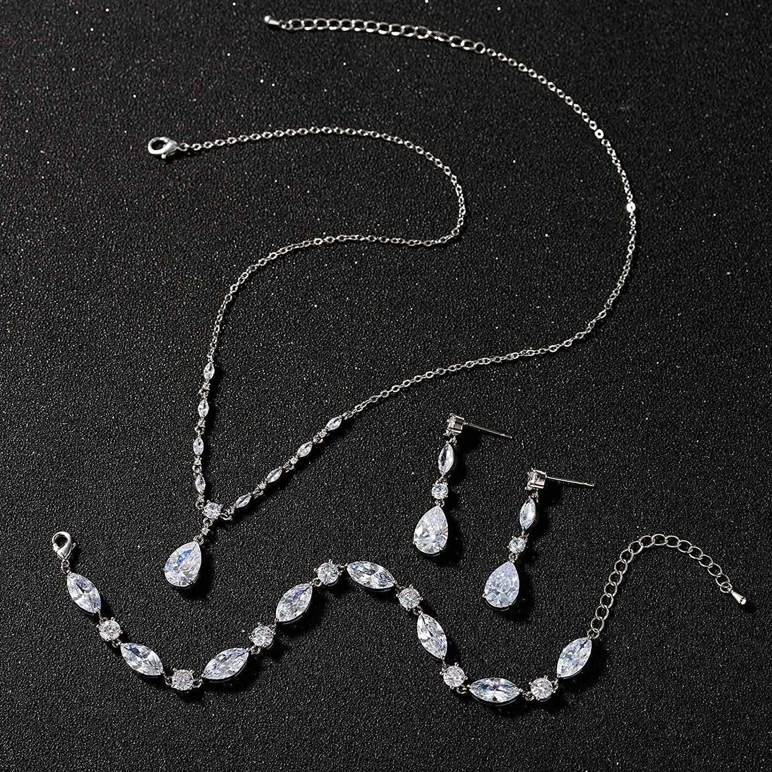 Bridal Jewelry Set for Wedding, Cubic Zirconia Necklace Dangle Drop Earrings Bracelet Set, Teardrop Marquise Brides Bridesmaids Wedding Prom Anniversary Jewelry Gifts for Women
