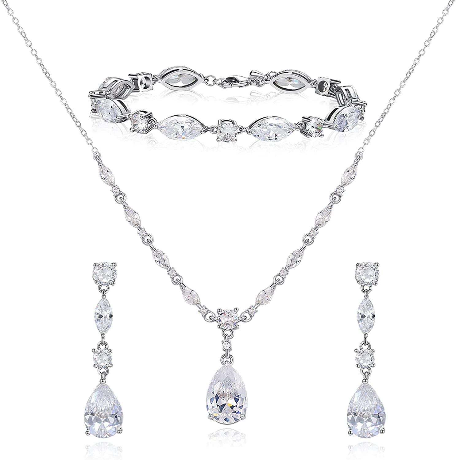 Bridal Jewelry Set for Wedding, Cubic Zirconia Necklace Dangle Drop Earrings Bracelet Set, Teardrop Marquise Brides Bridesmaids Wedding Prom Anniversary Jewelry Gifts for Women 01.Silver