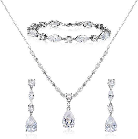 Bridal Jewelry Set for Wedding, Cubic Zirconia Necklace Dangle Drop Earrings Bracelet Set, Teardrop Marquise Brides Bridesmaids Wedding Prom Anniversary Jewelry Gifts for Women 01.Silver