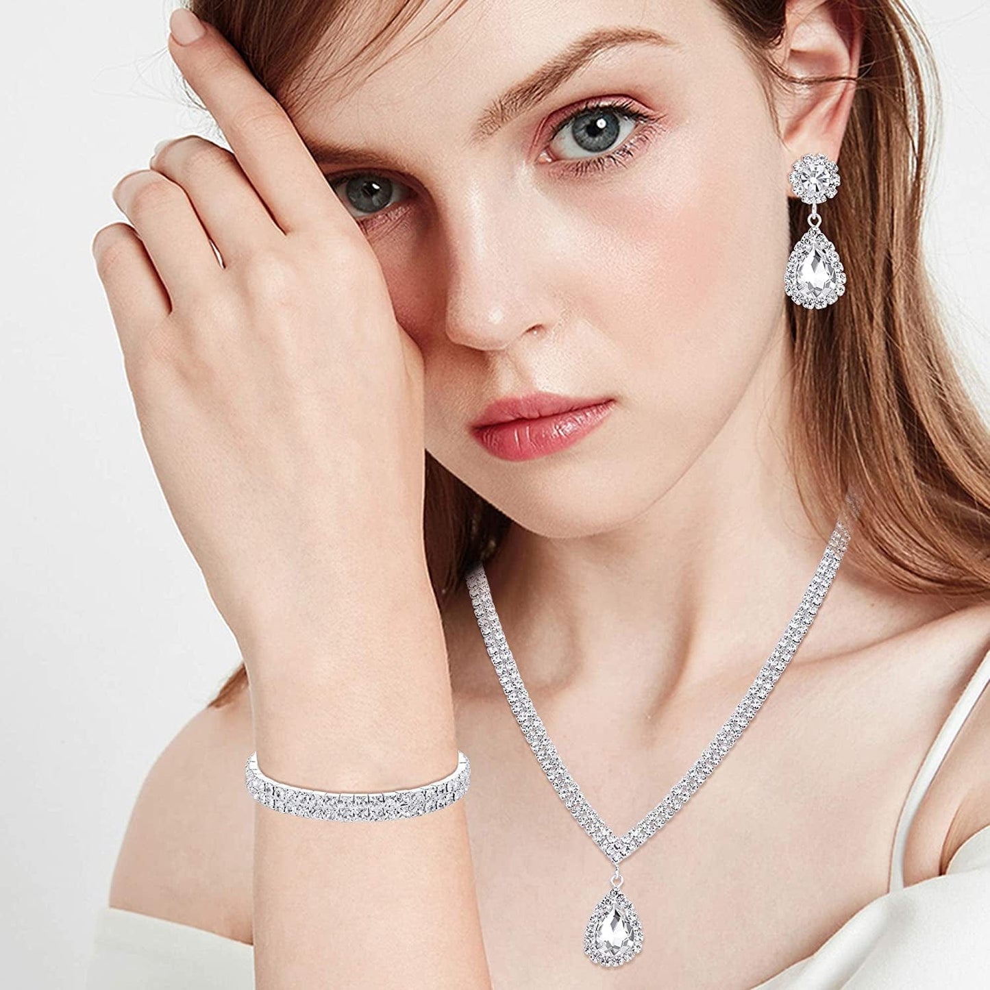 Bridal Jewelry Set for Wedding Simple Necklace Teardrop Dangle Earrings Bracelets Crystal Prom Bridal Bridesmaid Tennis Jewelry Set