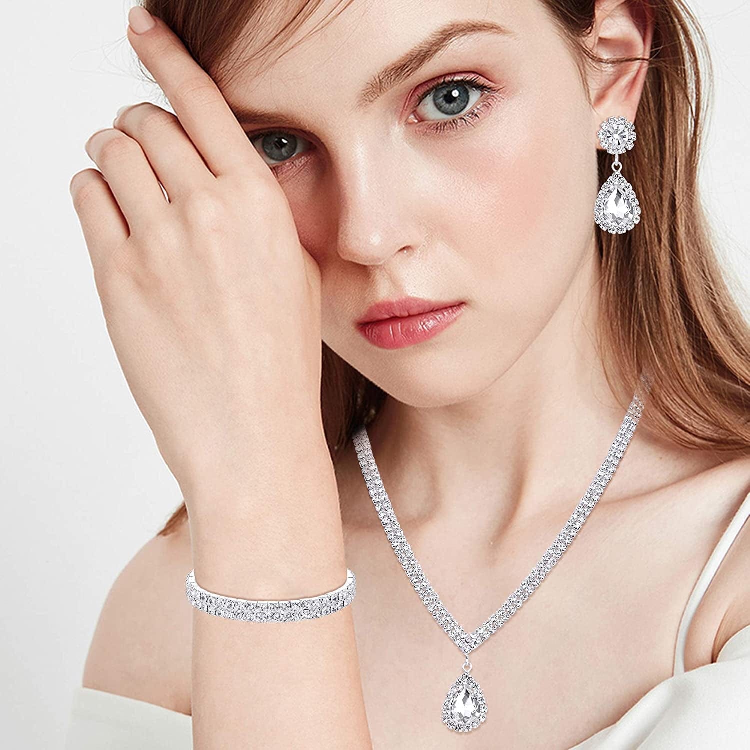 Bridal Jewelry Set for Wedding Simple Necklace Teardrop Dangle Earrings Bracelets Crystal Prom Bridal Bridesmaid Tennis Jewelry Set