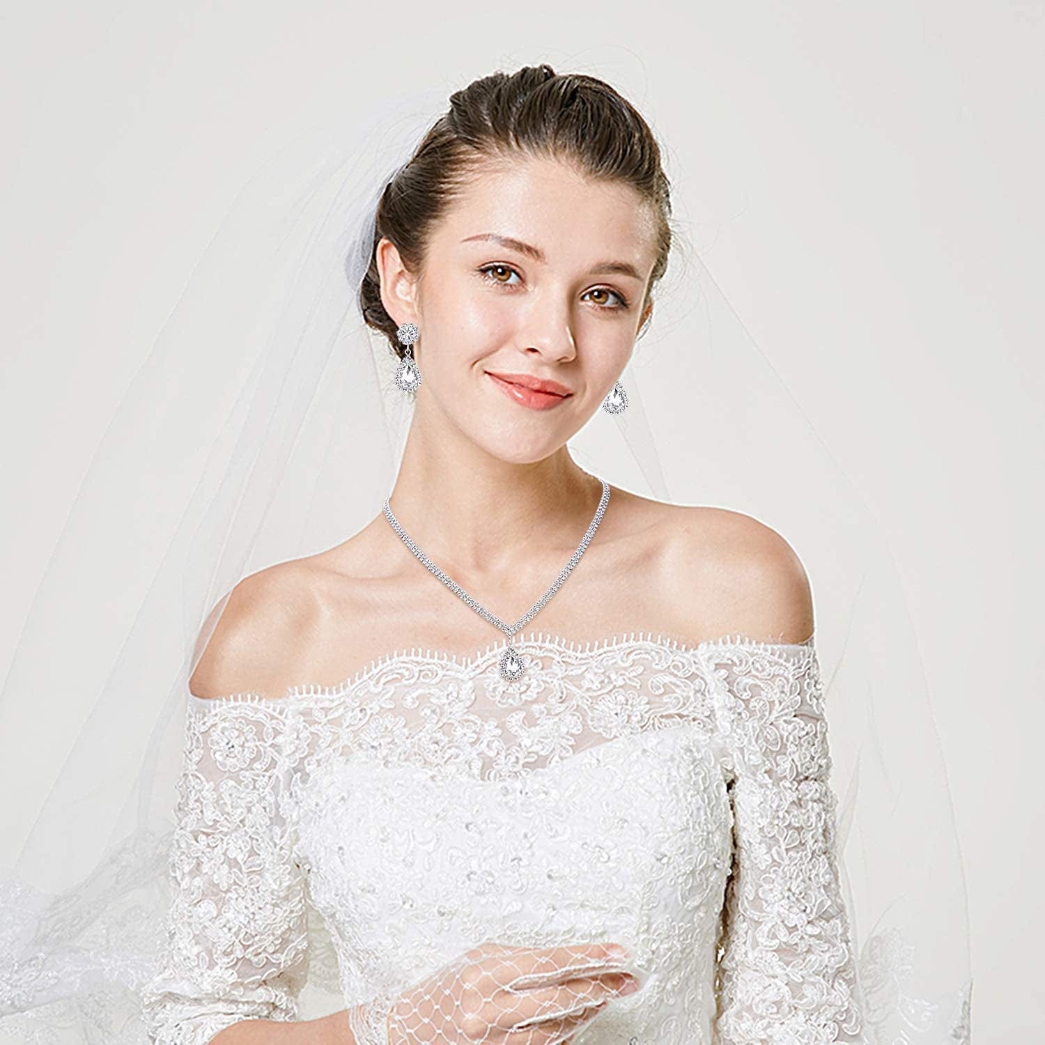 Bridal Jewelry Set for Wedding Simple Necklace Teardrop Dangle Earrings Bracelets Crystal Prom Bridal Bridesmaid Tennis Jewelry Set