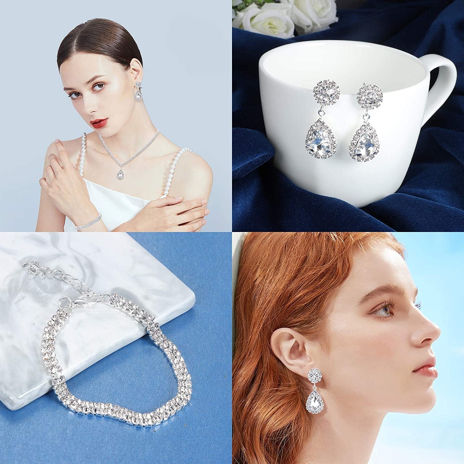 Bridal Jewelry Set for Wedding Simple Necklace Teardrop Dangle Earrings Bracelets Crystal Prom Bridal Bridesmaid Tennis Jewelry Set