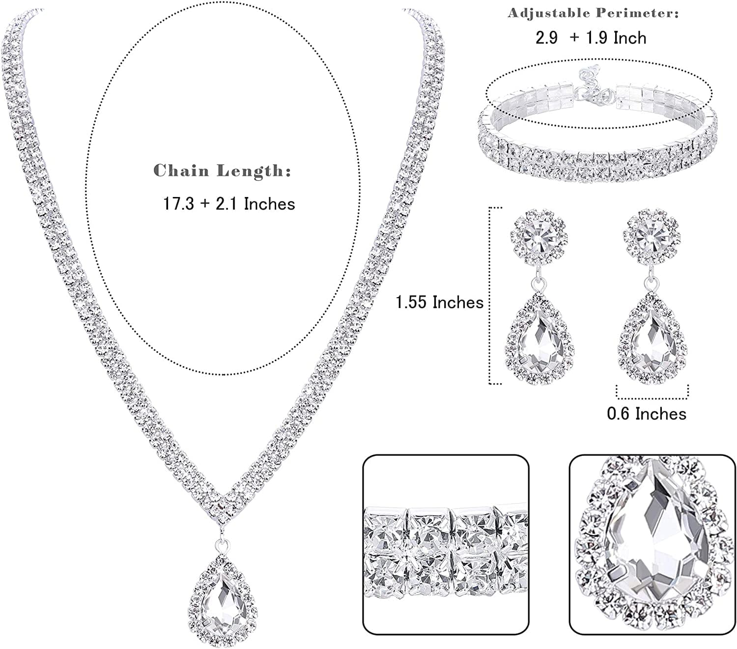 Bridal Jewelry Set for Wedding Simple Necklace Teardrop Dangle Earrings Bracelets Crystal Prom Bridal Bridesmaid Tennis Jewelry Set
