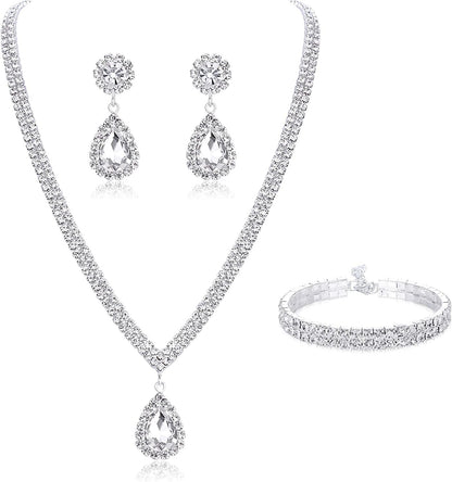 Bridal Jewelry Set for Wedding Simple Necklace Teardrop Dangle Earrings Bracelets Crystal Prom Bridal Bridesmaid Tennis Jewelry Set Silver