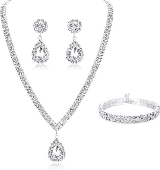 Bridal Jewelry Set for Wedding Simple Necklace Teardrop Dangle Earrings Bracelets Crystal Prom Bridal Bridesmaid Tennis Jewelry Set Silver
