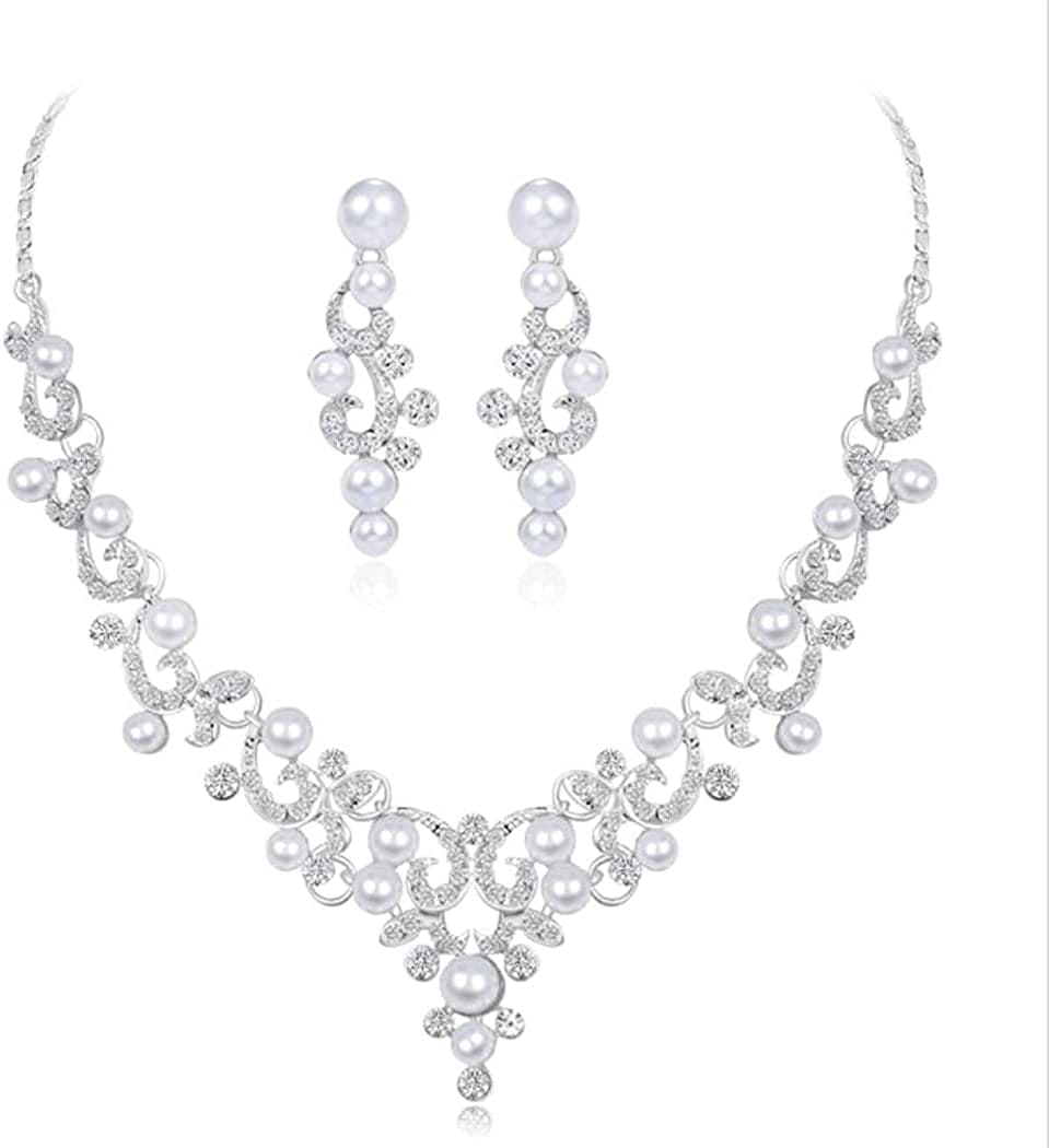 Bridal Necklace Earrings Jewelry Set Silver Crystal Pendant Bride Wedding Necklace Sets Rhinestone Jewelry Accessories for Women and Girls Set B