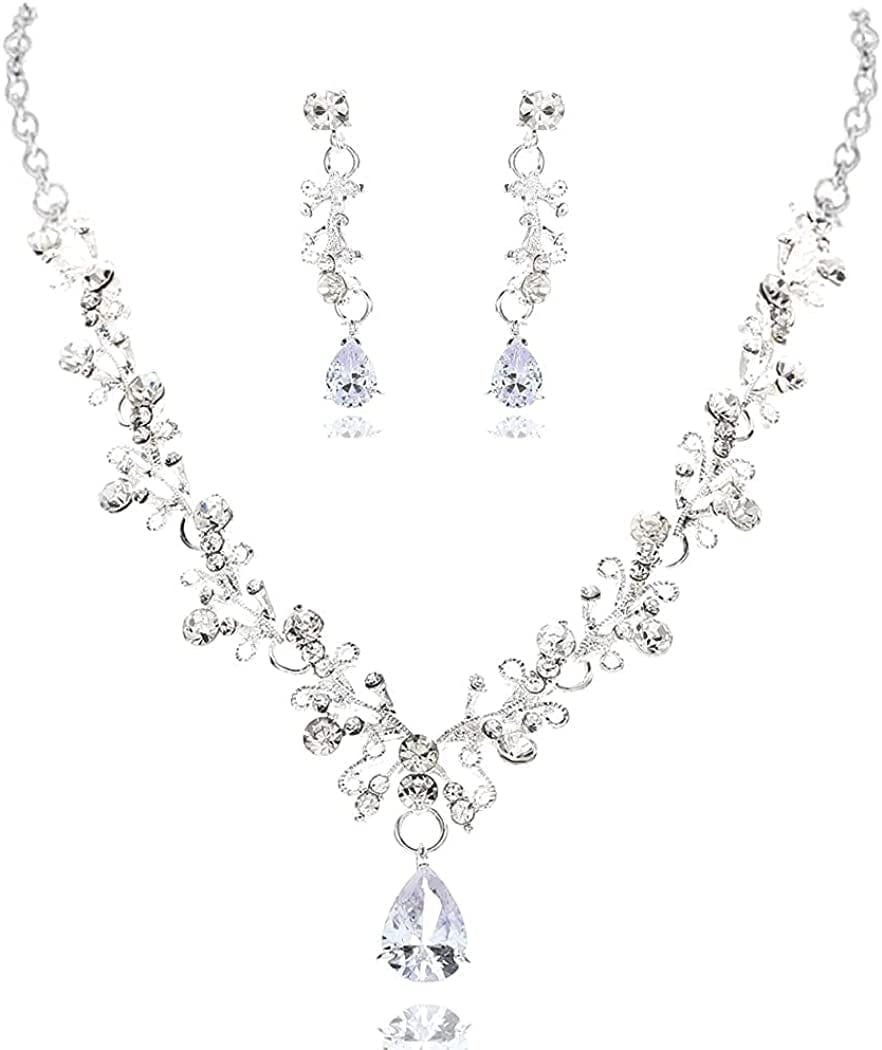 Bridal Necklace Earrings Jewelry Set Silver Crystal Pendant Bride Wedding Necklace Sets Rhinestone Jewelry Accessories for Women and Girls