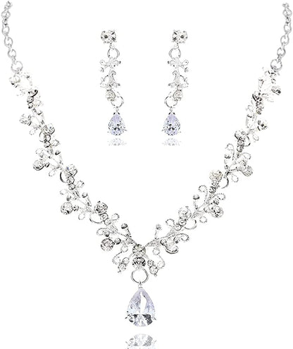 Bridal Necklace Earrings Jewelry Set Silver Crystal Pendant Bride Wedding Necklace Sets Rhinestone Jewelry Accessories for Women and Girls