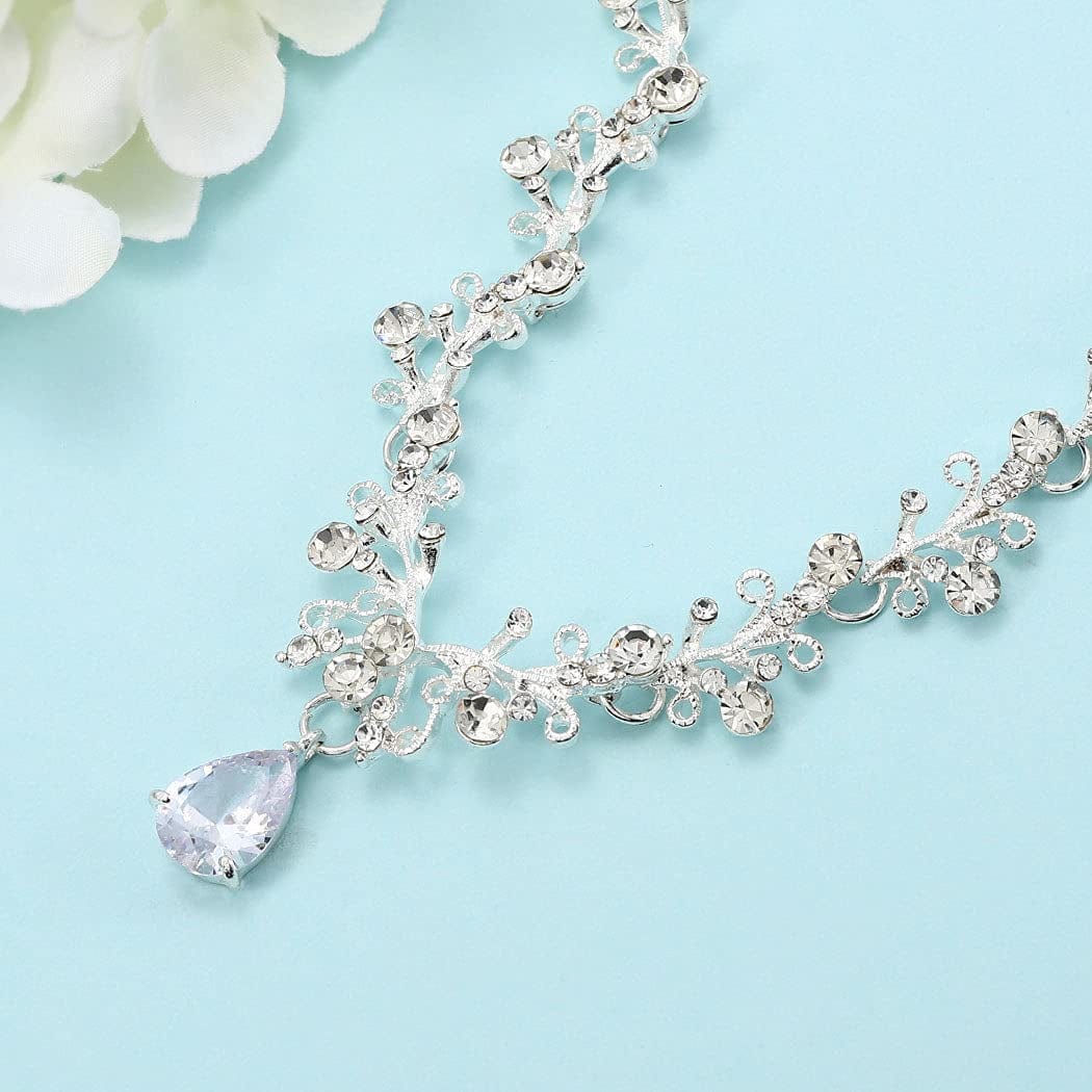 Bridal Necklace Earrings Jewelry Set Silver Crystal Pendant Bride Wedding Necklace Sets Rhinestone Jewelry Accessories for Women and Girls