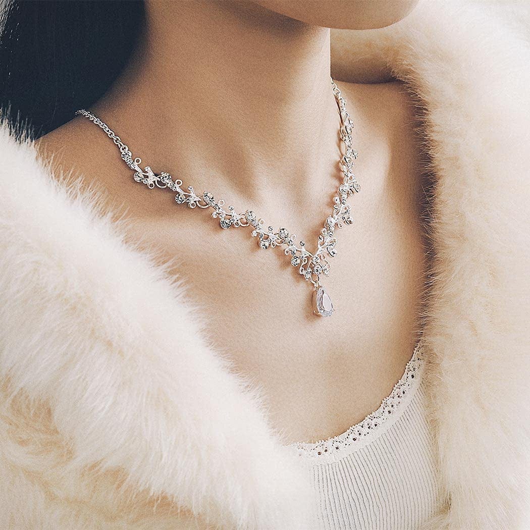 Bridal Necklace Earrings Jewelry Set Silver Crystal Pendant Bride Wedding Necklace Sets Rhinestone Jewelry Accessories for Women and Girls