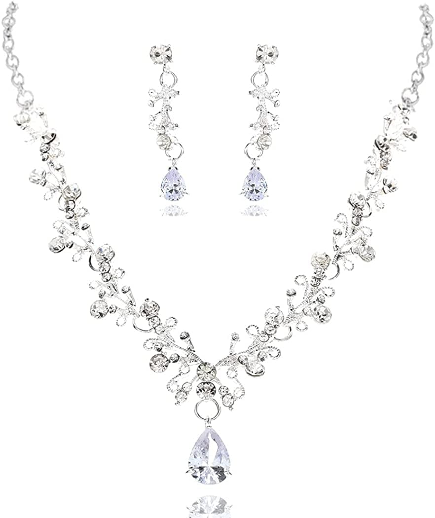 Bridal Necklace Earrings Jewelry Set Silver Crystal Pendant Bride Wedding Necklace Sets Rhinestone Jewelry Accessories for Women and Girls Set A