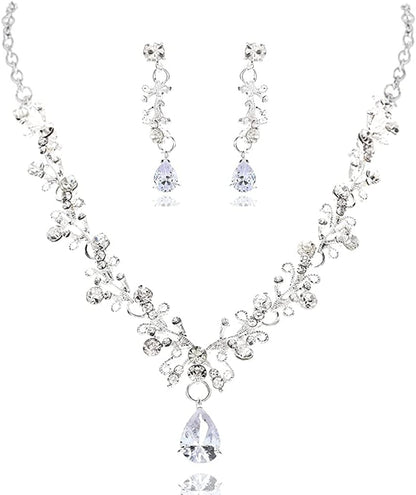 Bridal Necklace Earrings Jewelry Set Silver Crystal Pendant Bride Wedding Necklace Sets Rhinestone Jewelry Accessories for Women and Girls Set A