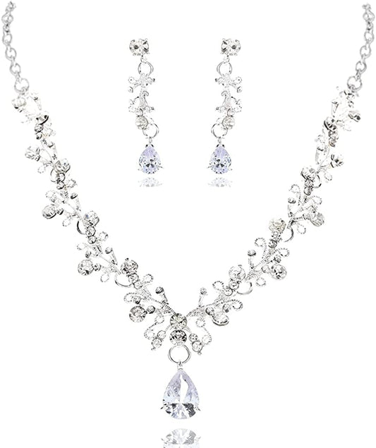 Bridal Necklace Earrings Jewelry Set Silver Crystal Pendant Bride Wedding Necklace Sets Rhinestone Jewelry Accessories for Women and Girls Set A