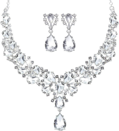 Bridal Teardrop Cluster Crystal Jewelry Set for Women Necklace Earrings Wedding Silver