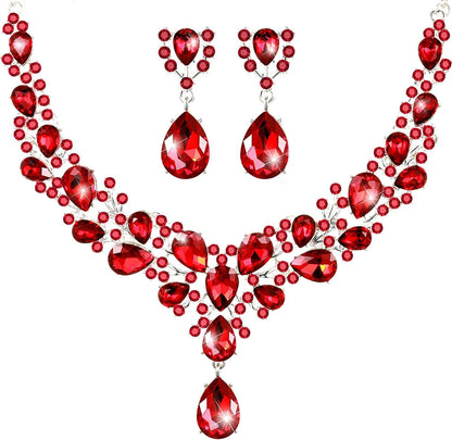 Bridal Teardrop Cluster Crystal Jewelry Set for Women Necklace Earrings Wedding Red