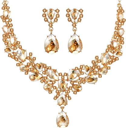 Bridal Teardrop Cluster Crystal Jewelry Set for Women Necklace Earrings Wedding Gold