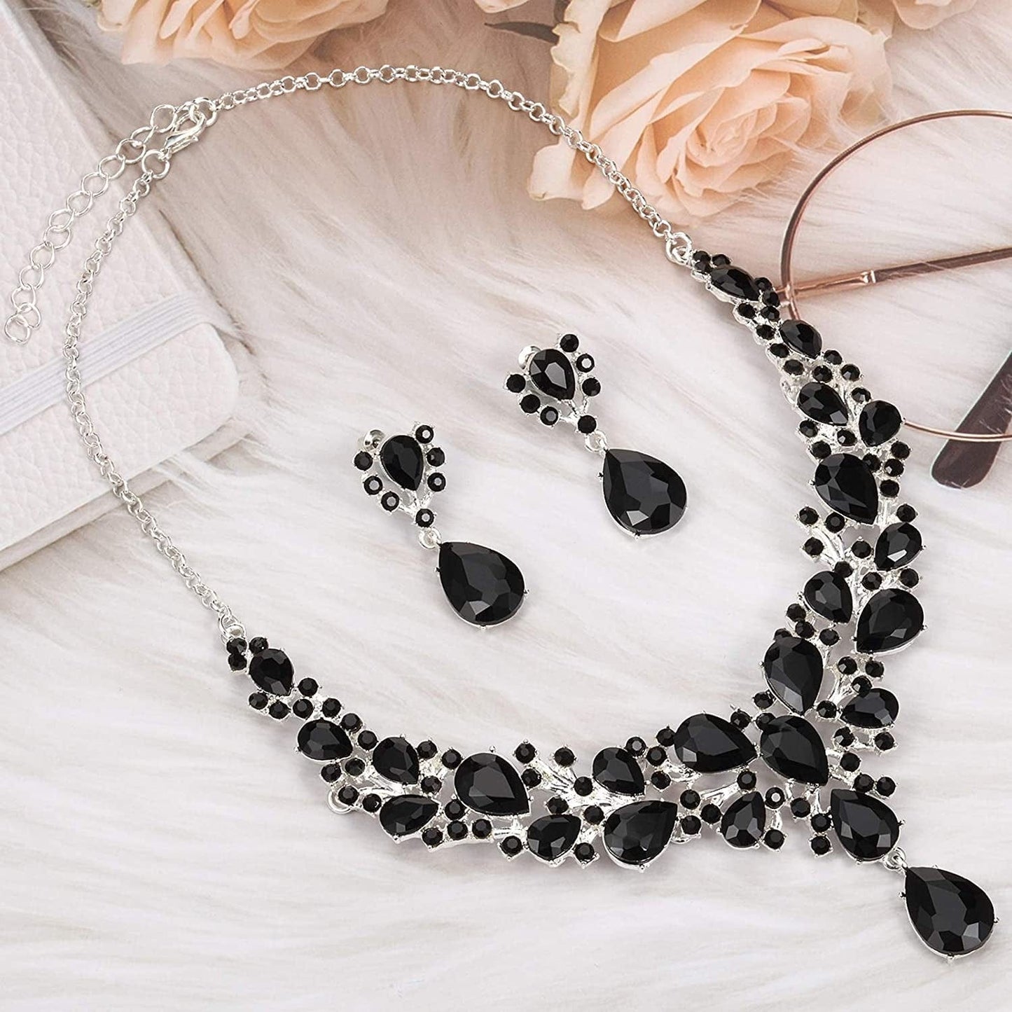 Bridal Teardrop Cluster Crystal Jewelry Set for Women Necklace Earrings Wedding