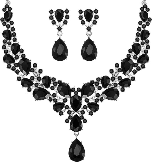 Bridal Teardrop Cluster Crystal Jewelry Set for Women Necklace Earrings Wedding Black